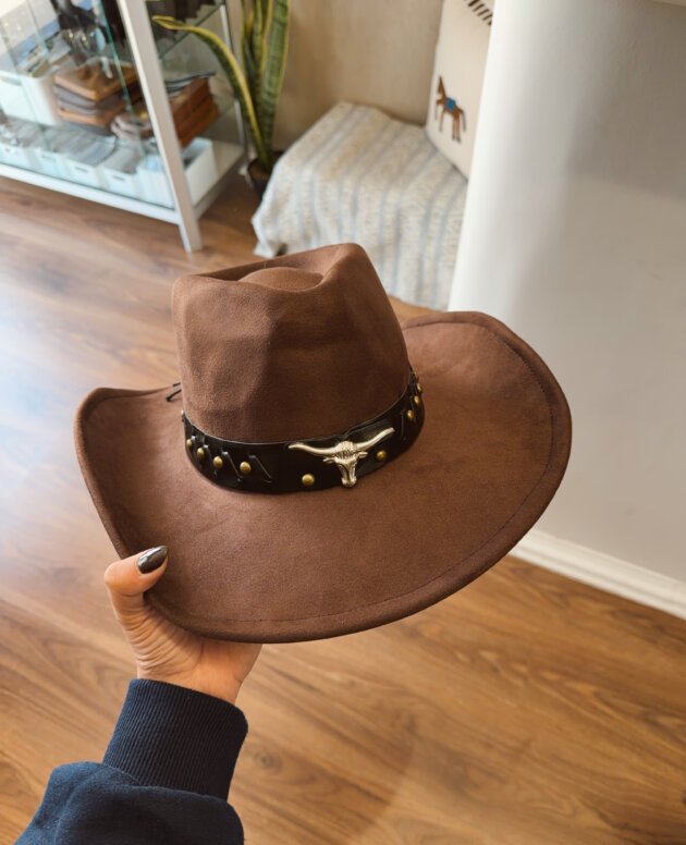 SOMBRERO GAMUZADO CINTA ECOCUERO TORO, CHOCOLATE